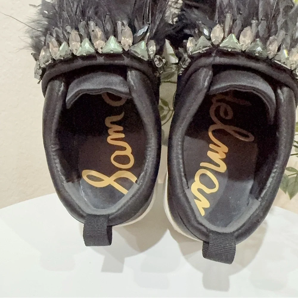 Sam Edelman Black Satin Sneaker Flats with Crystal and Feathers Size 6 Preowned